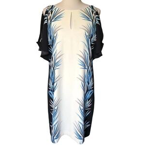Womens White House Black Market palm print shift cold shoulder dress - Size 8